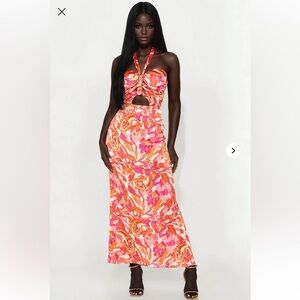 Fashion Nova Vibrant Pink and Orange Maxi halter dress